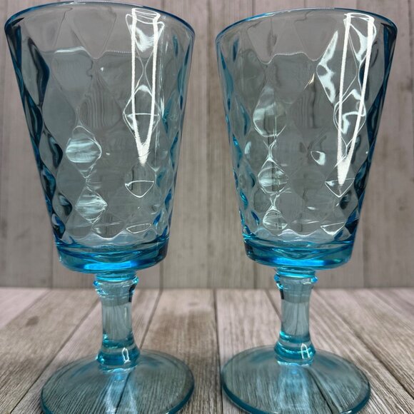 Vtg EAPG Bryce Brothers Style Water Goblets 7" Sky Blue Diamond Quilted Set of 2 - Picture 1 of 7
